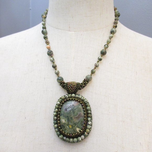 Rhyolite bead embroidered Necklace - Picture 2 of 15
